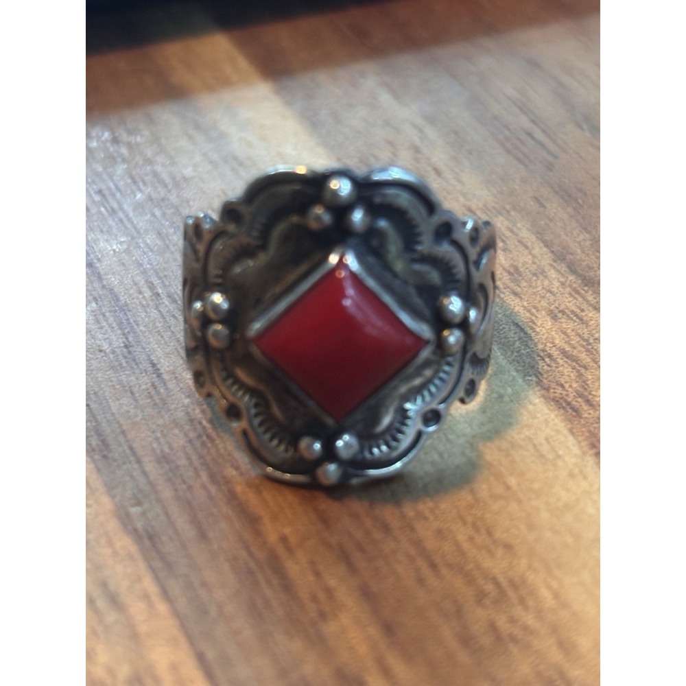 Beautiful Sterling Silver Hand Carved Square Red Turquoise Ring 7.3 Grams Size 9